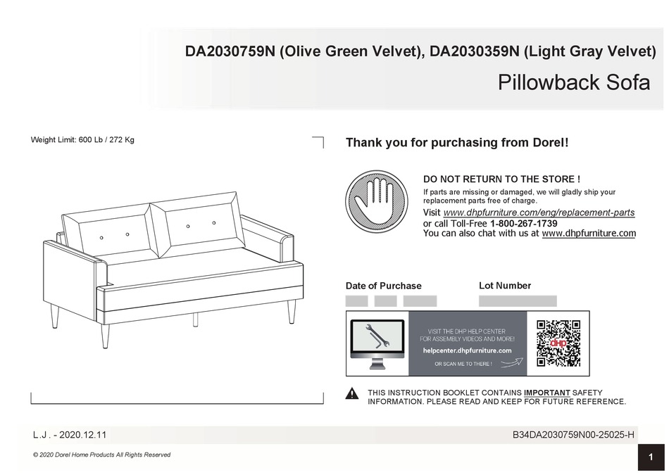 DOREL HOME PRODUCTS BAILEY DA2030759N ASSEMBLY INSTRUCTIONS MANUAL Pdf