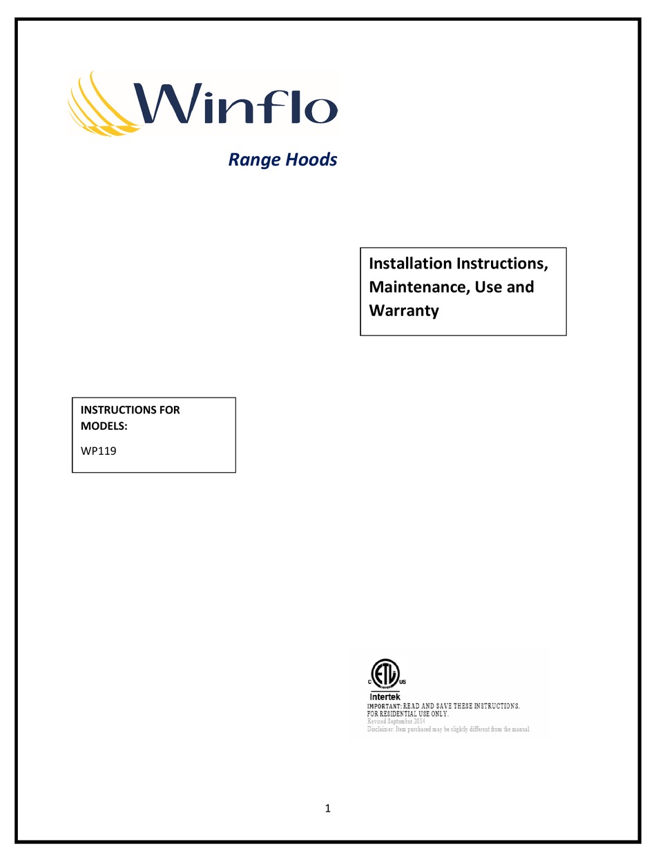 WINFLO WP119 INSTALLATION INSTRUCTIONS, MAINTENANCE, USE AND WARRANTY