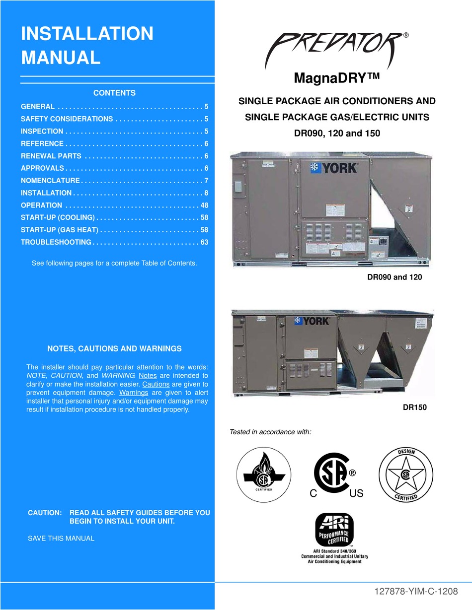 YORK PREDATOR MAGNADRY DR120 INSTALLATION MANUAL Pdf Download | ManualsLib