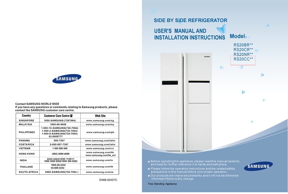 SAMSUNG RS20CC SERIES USER MANUAL AND INSTALLATION INSTRUCTIONS Pdf ...