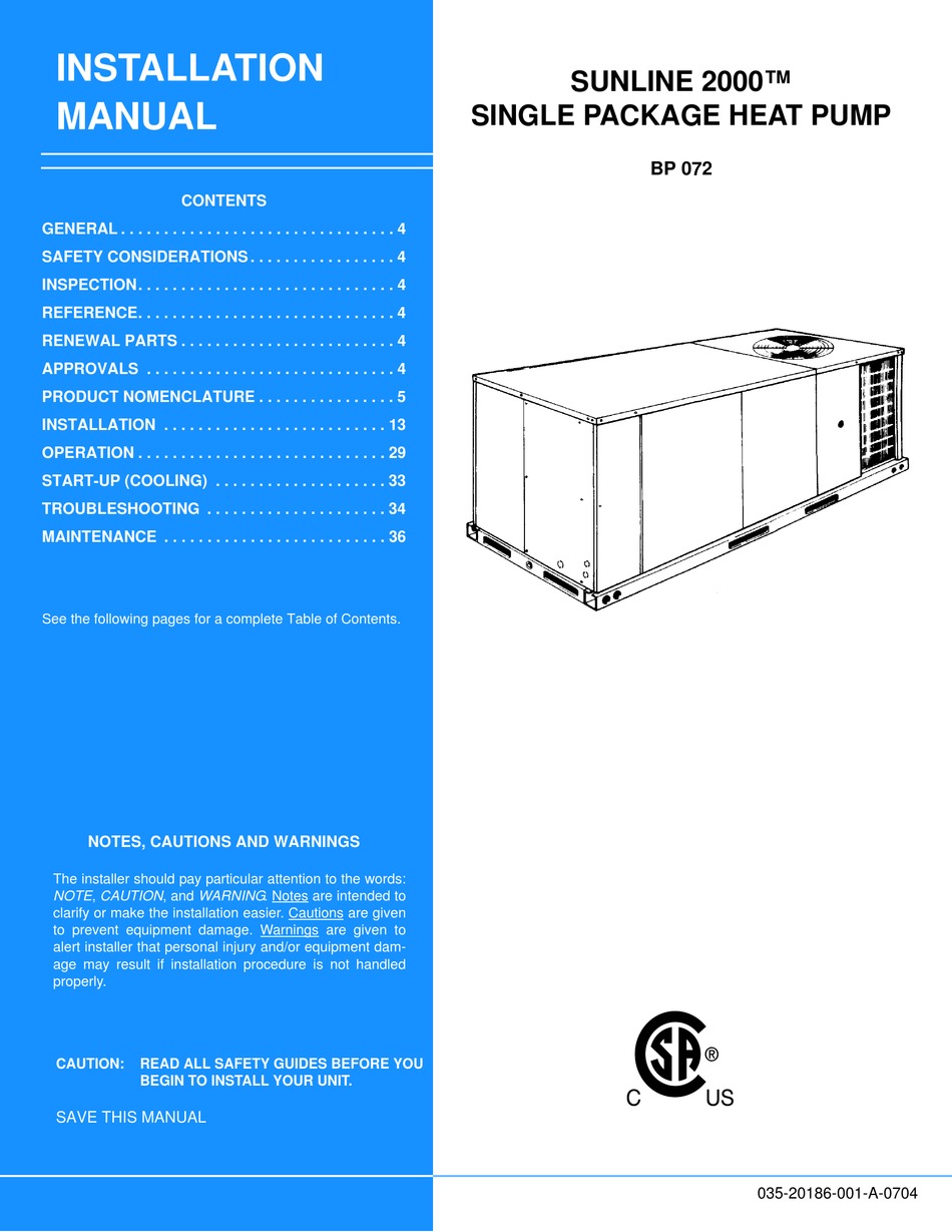UNITARY PRODUCTS GROUP SUNLINE 2000 BP 072 INSTALLATION MANUAL Pdf