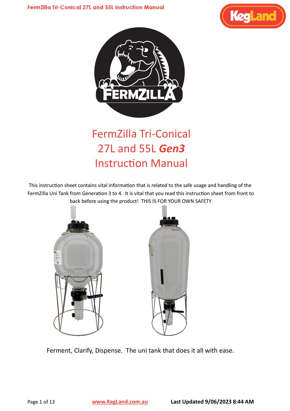 KEGLAND FERMZILLA TRICONICAL 27L GEN3 INSTRUCTION MANUAL Pdf Download