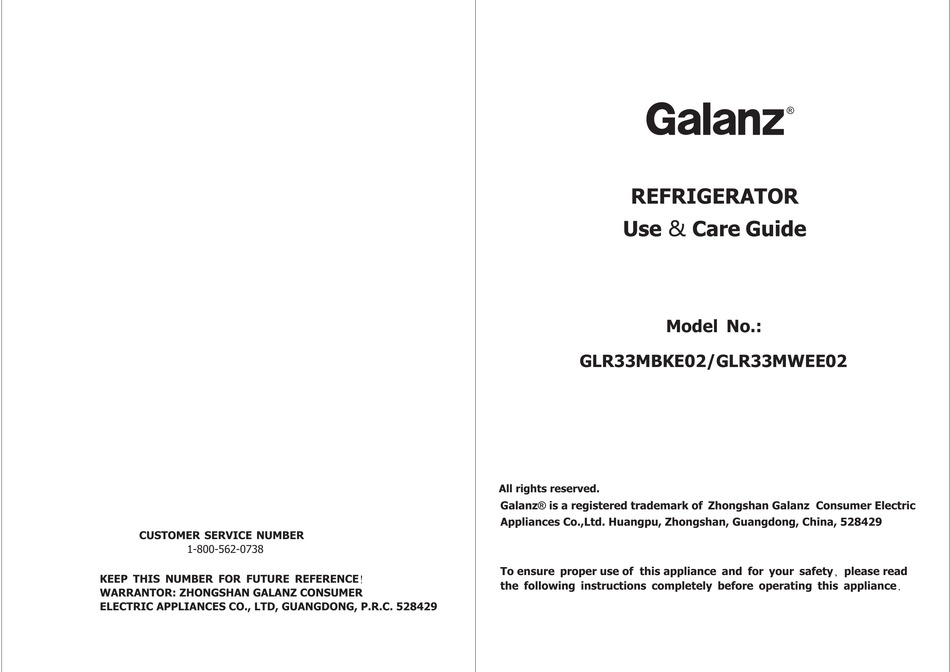 GALANZ GLR33MBKE02 USE & CARE MANUAL Pdf Download ManualsLib