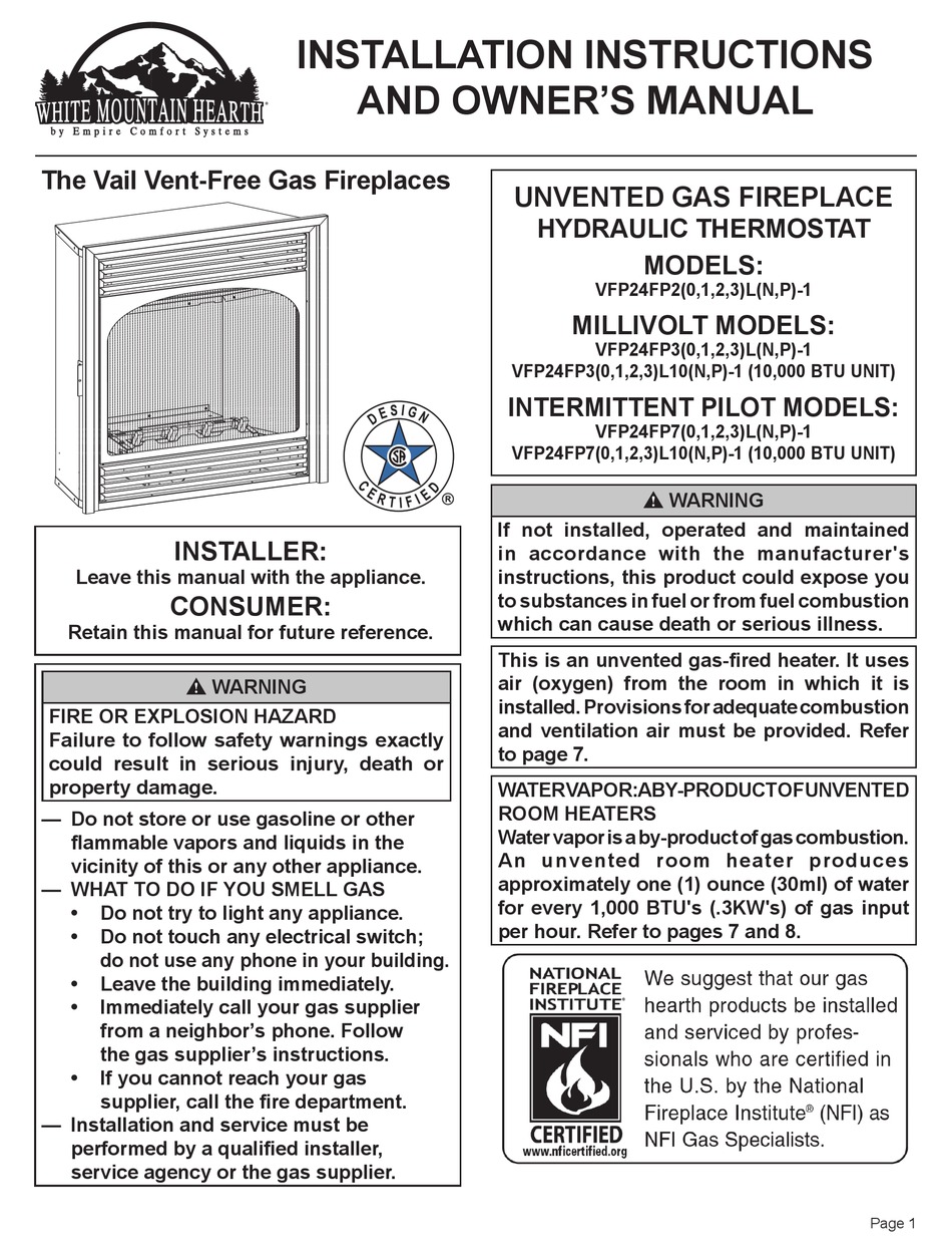 EMPIRE COMFORT SYSTEMS VFP24FP30 INSTALLATION INSTRUCTIONS AND OWNER'S ...