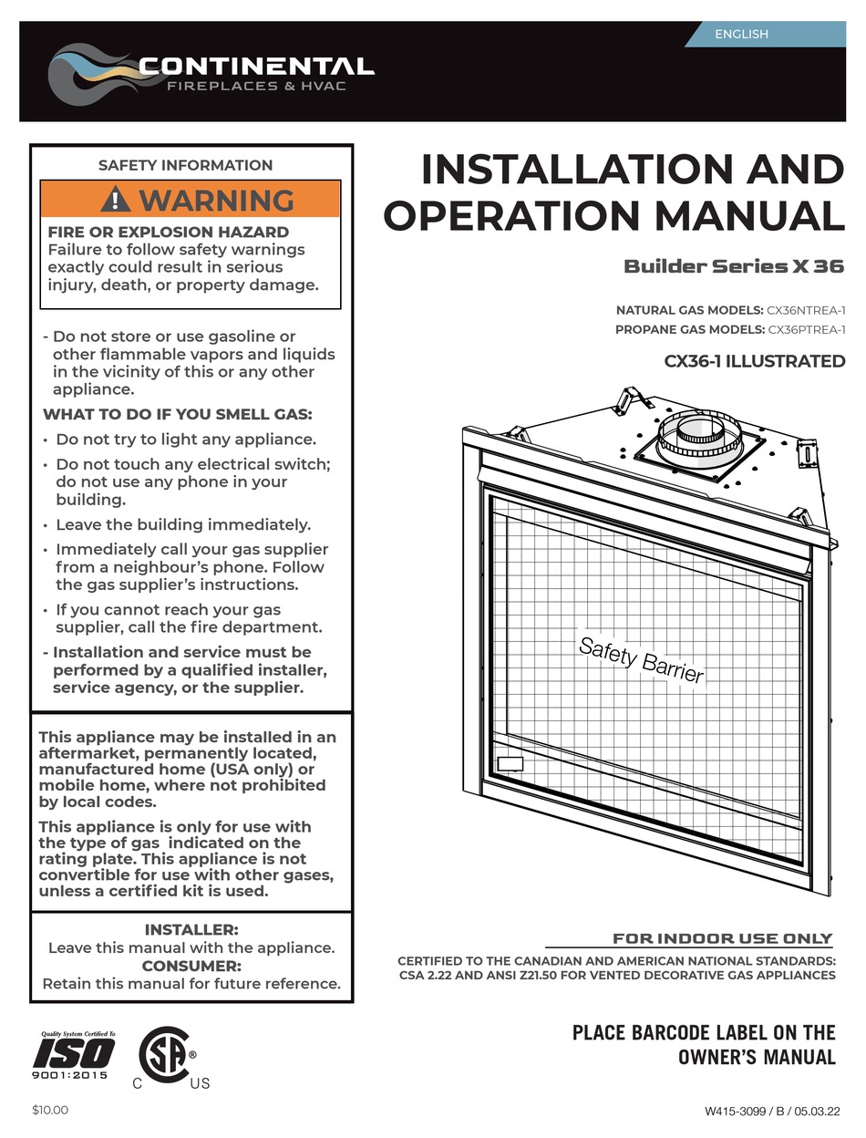 CONTINENTAL FIREPLACES X 36 SERIES INSTALLATION AND OPERATION MANUAL