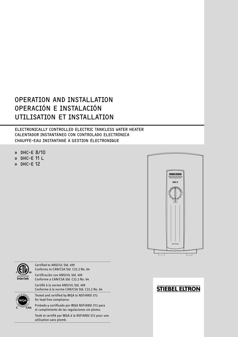 STIEBEL ELTRON DHCE 11 L OPERATION AND INSTALLATION MANUAL Pdf