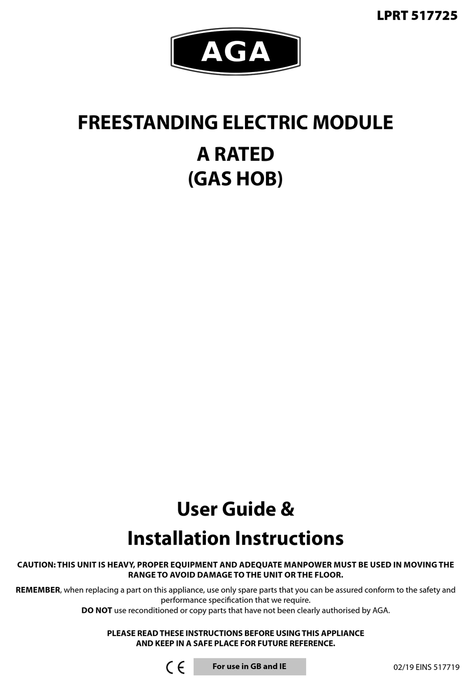 AGA LPRT 517725 USER'S MANUAL & INSTALLATION INSTRUCTIONS Pdf Download ManualsLib