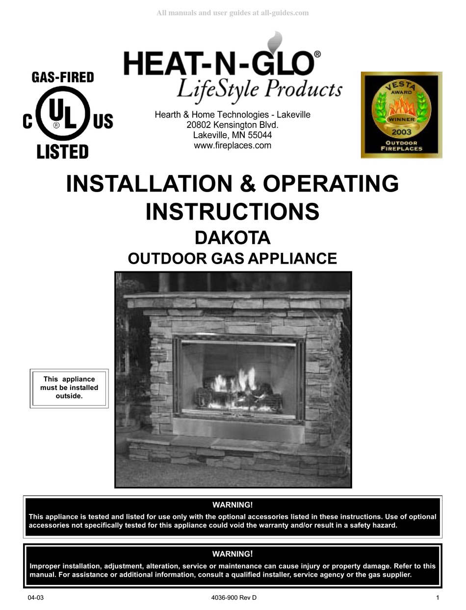 HEATNGLO DAKOTA INSTALLATION & OPERATING INSTRUCTIONS MANUAL Pdf