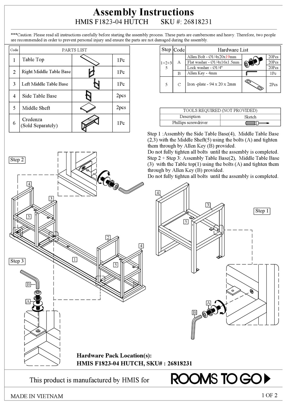 ROOMS TO GO HMIS F182304 HUTCH ASSEMBLY INSTRUCTIONS Pdf Download ManualsLib