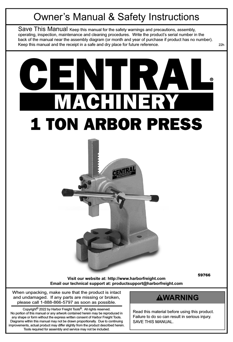 CENTRAL MACHINERY 59766 OWNER'S MANUAL & SAFETY INSTRUCTIONS Pdf ...