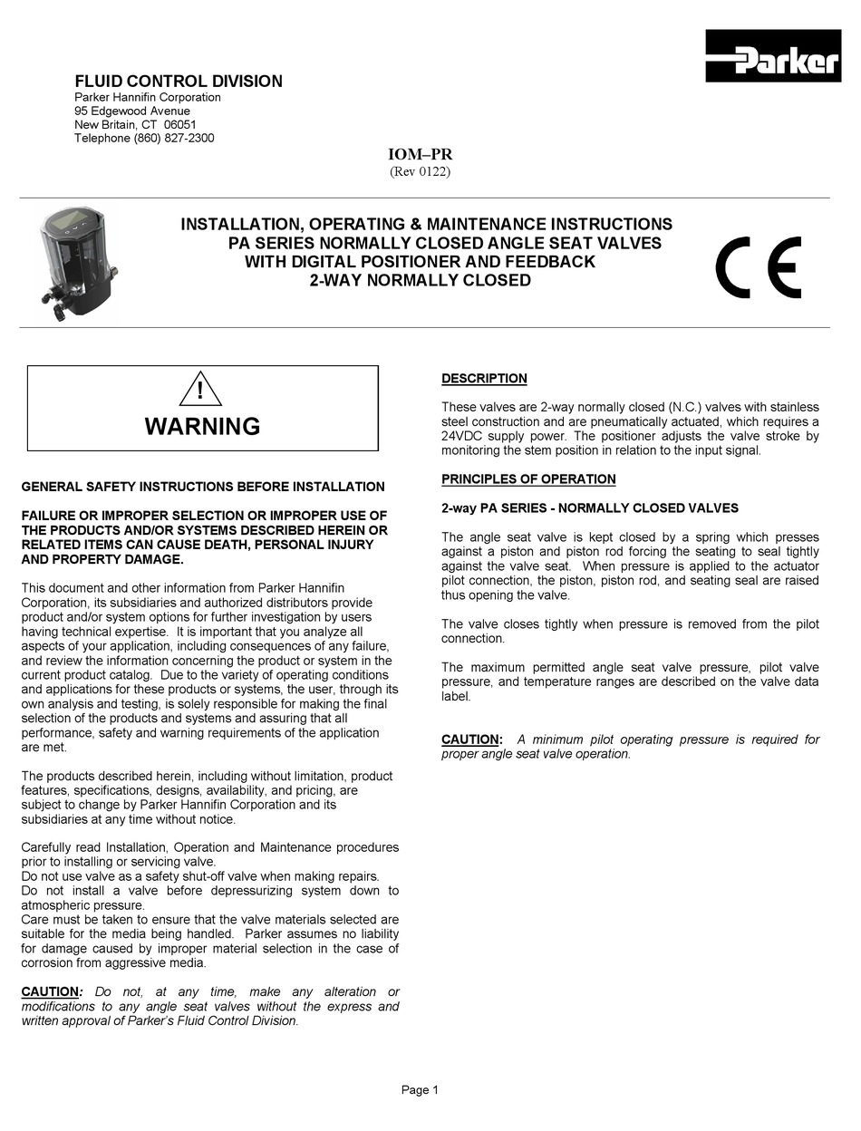 PARKER PA SERIES INSTALLATION, OPERATING, & MAINTENANCE INSTRUCTIONS Pdf Download ManualsLib