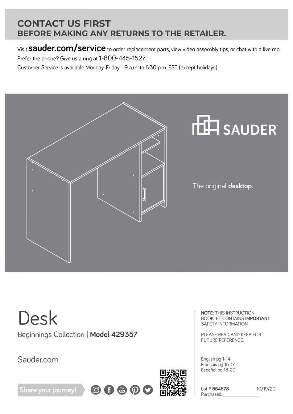 SAUDER BEGINNINGS 429357 INSTRUCTION BOOKLET Pdf Download ManualsLib