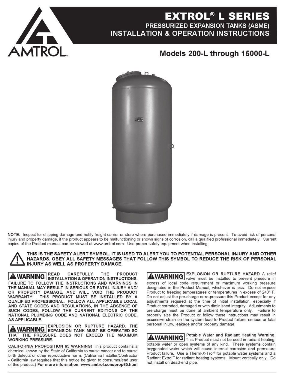 AMTROL EXTROL 15000L INSTALLATION & OPERATION INSTRUCTIONS Pdf