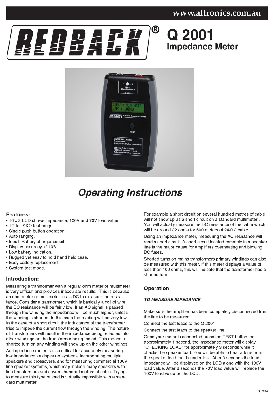 ALTRONICS REDBACK Q 2001 OPERATING INSTRUCTIONS Pdf Download ManualsLib