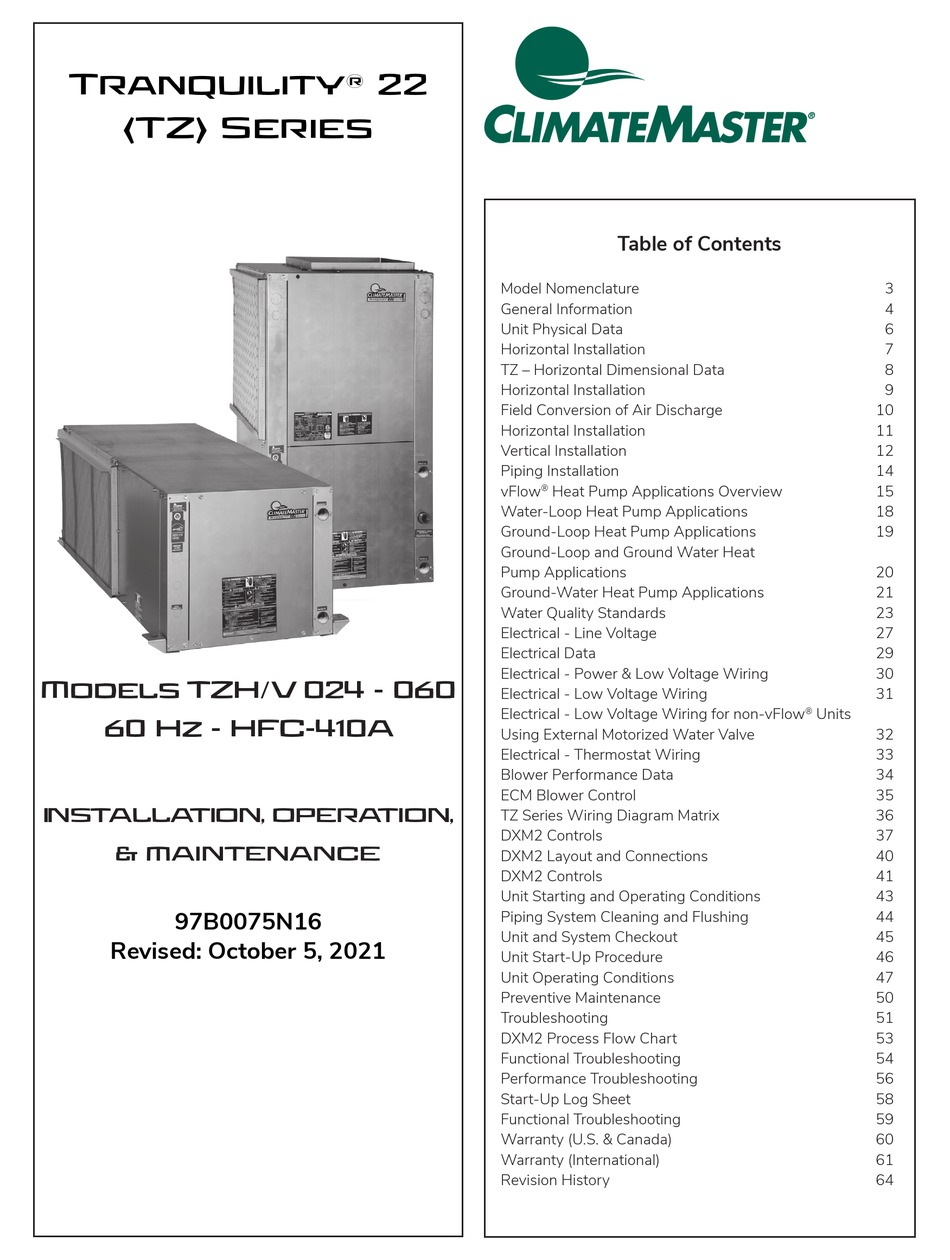 CLIMATEMASTER TRANQUILITY TZH 060 INSTALLATION OPERATION & MAINTENANCE ...