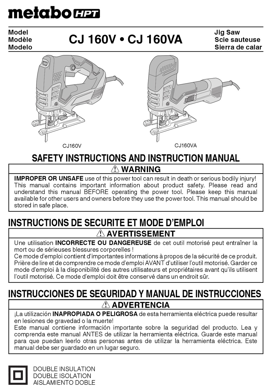 METABO HPT CJ 160V SAFETY INSTRUCTIONS AND INSTRUCTION MANUAL Pdf