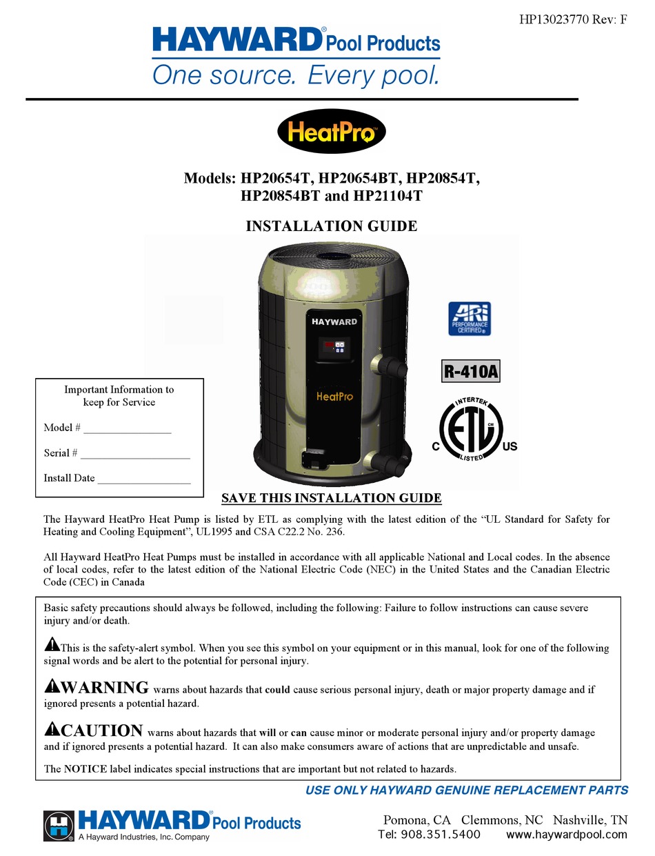 HAYWARD POOL PRODUCTS HEATPRO HP20654T INSTALLATION MANUAL Pdf Download