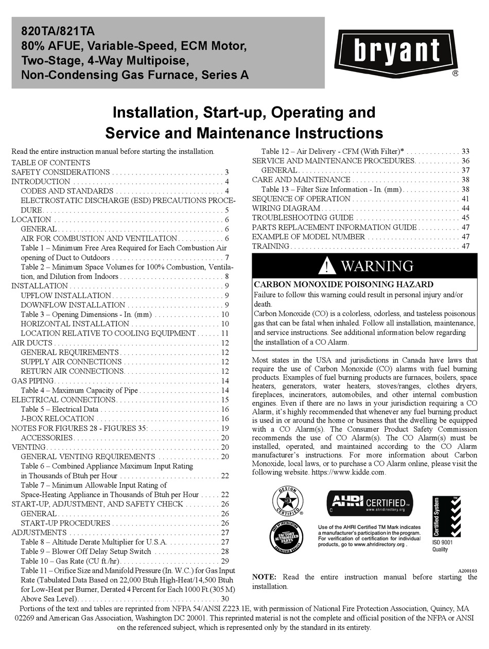 BRYANT 820TA INSTALLATION, STARTUP, OPERATING AND SERVICE AND