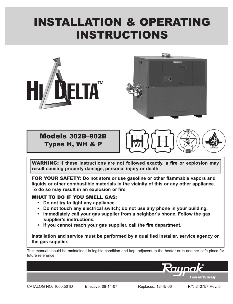 RHEEM RAYPAK HI DELTA 302B INSTALLATION & OPERATING INSTRUCTION Pdf