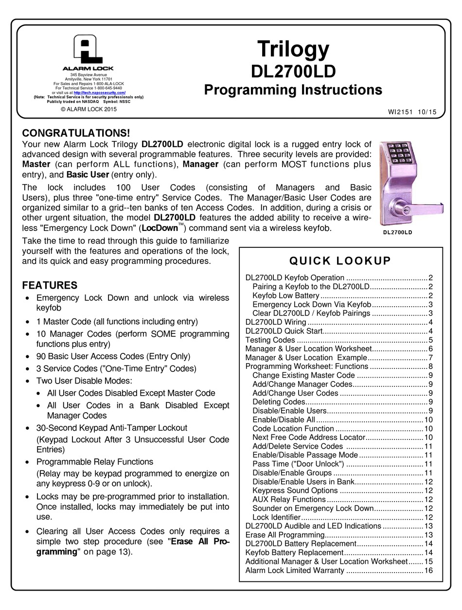 ALARM LOCK TRILOGY DL2700LD PROGRAMMING INSTRUCTIONS MANUAL Pdf