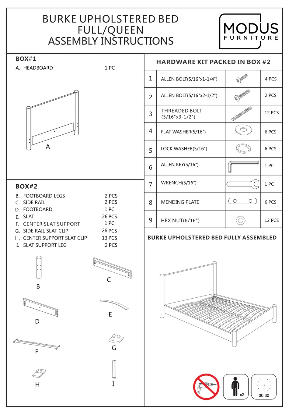 MODUS FURNITURE BURKE UPHOLSTERED BED FULL/QUEEN ASSEMBLY INSTRUCTIONS