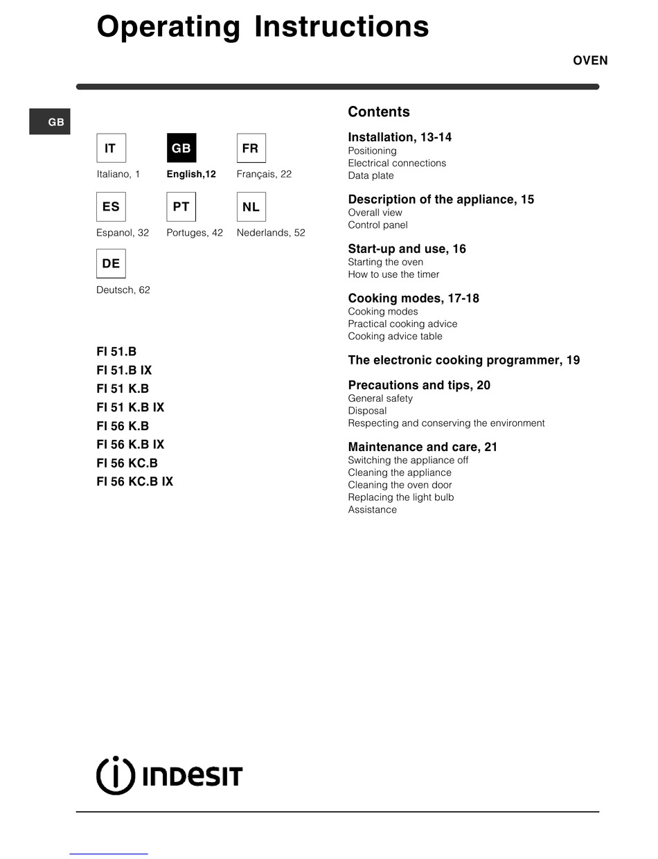 INDESIT FI 51.B OPERATING INSTRUCTIONS MANUAL Pdf Download | ManualsLib