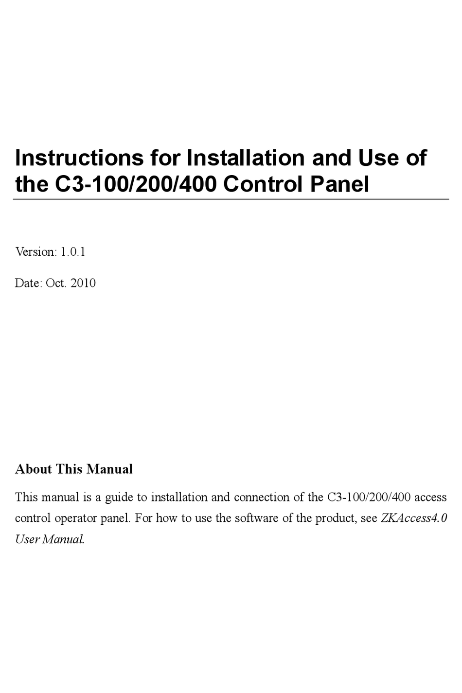 ZKACCESS C3100 INSTRUCTIONS FOR INSTALLATION AND USE MANUAL Pdf