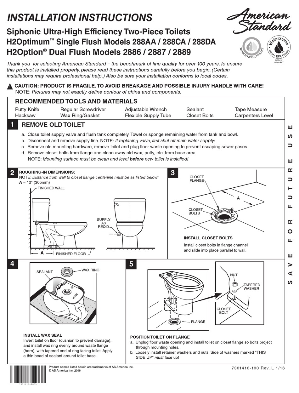 AMERICAN STANDARD H2OPTIMUM 288AA INSTALLATION INSTRUCTIONS MANUAL Pdf ...