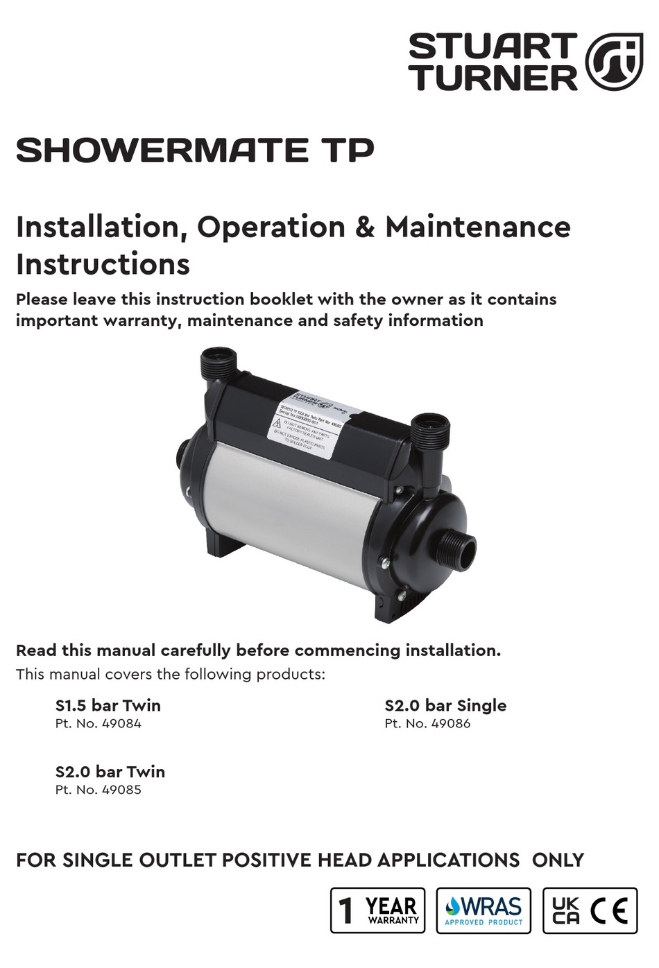 STUART TURNER SHOWERMATE TP S1.5 BAR TWIN INSTALLATION, OPERATION