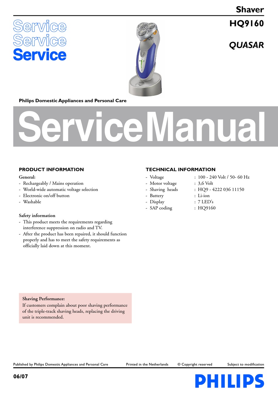 PHILIPS QUASAR HQ9160 SERVICE MANUAL Pdf Download ManualsLib