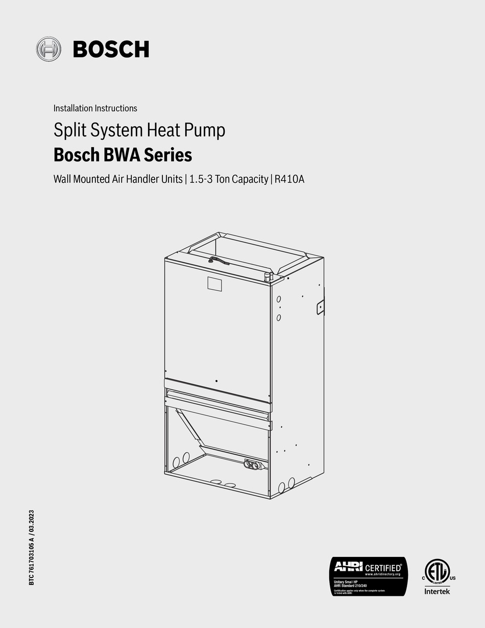 BOSCH BWA SERIES INSTALLATION INSTRUCTIONS MANUAL Pdf Download