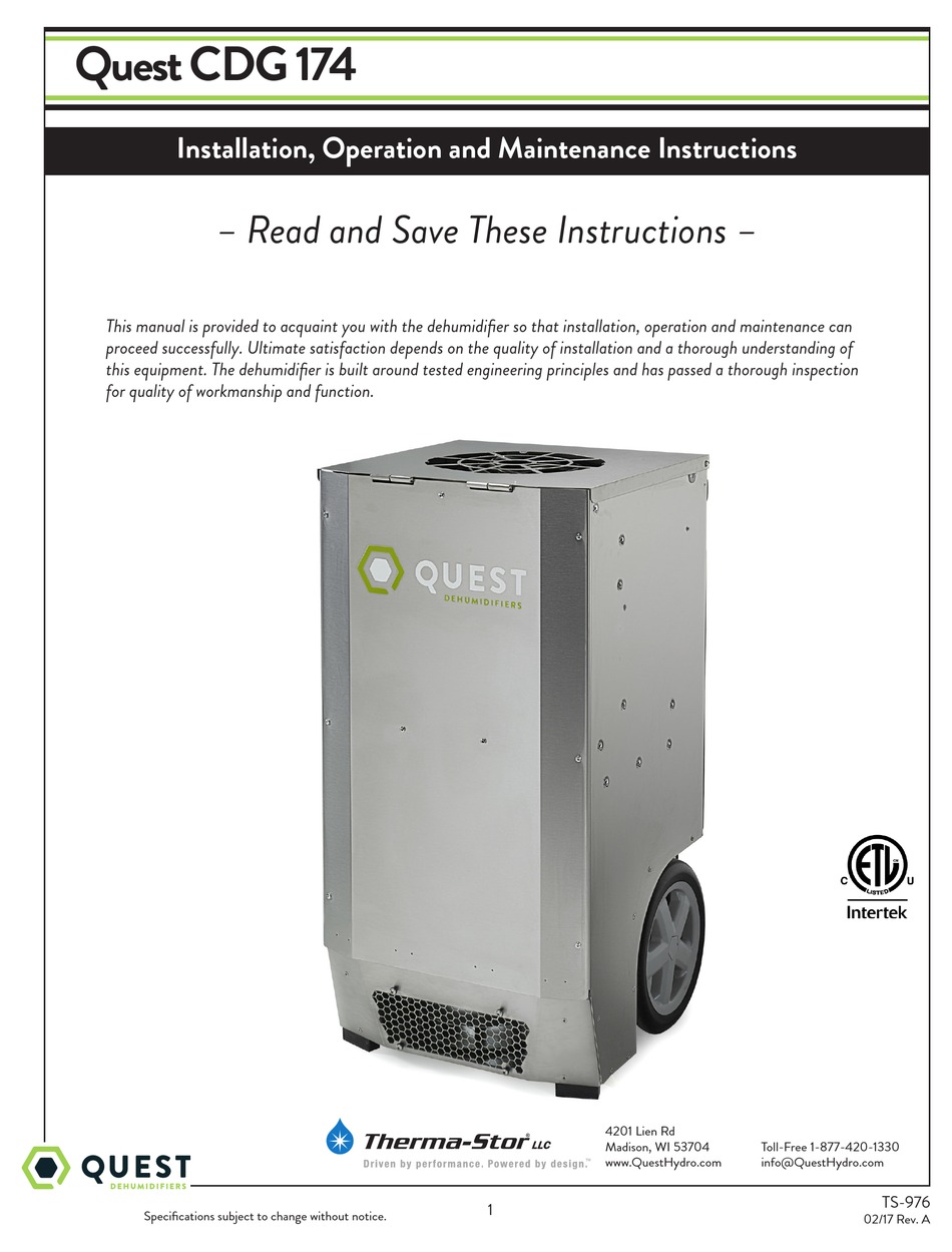 QUEST ENGINEERING CDG 174 INSTALLATION, OPERATION AND MAINTENANCE