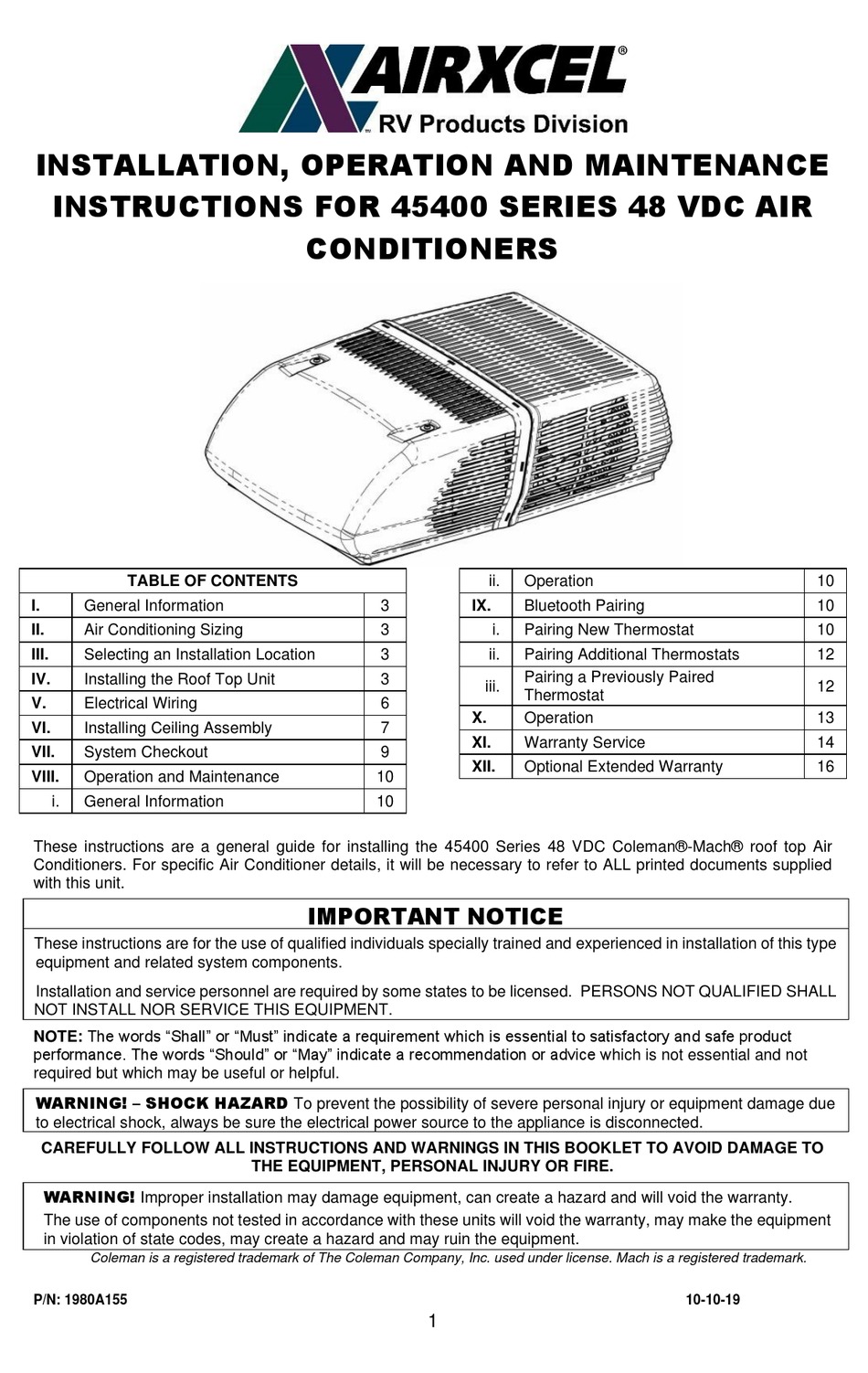 AIRXCEL 45400 SERIES INSTALLATION, OPERATION AND MAINTENANCE MANUAL Pdf ...