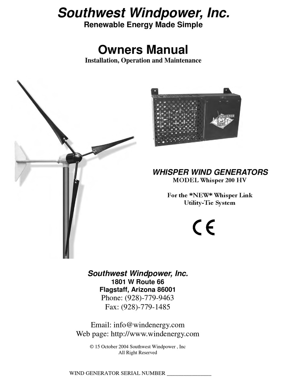 SOUTHWEST WINDPOWER WHISPER 200 HV OWNER