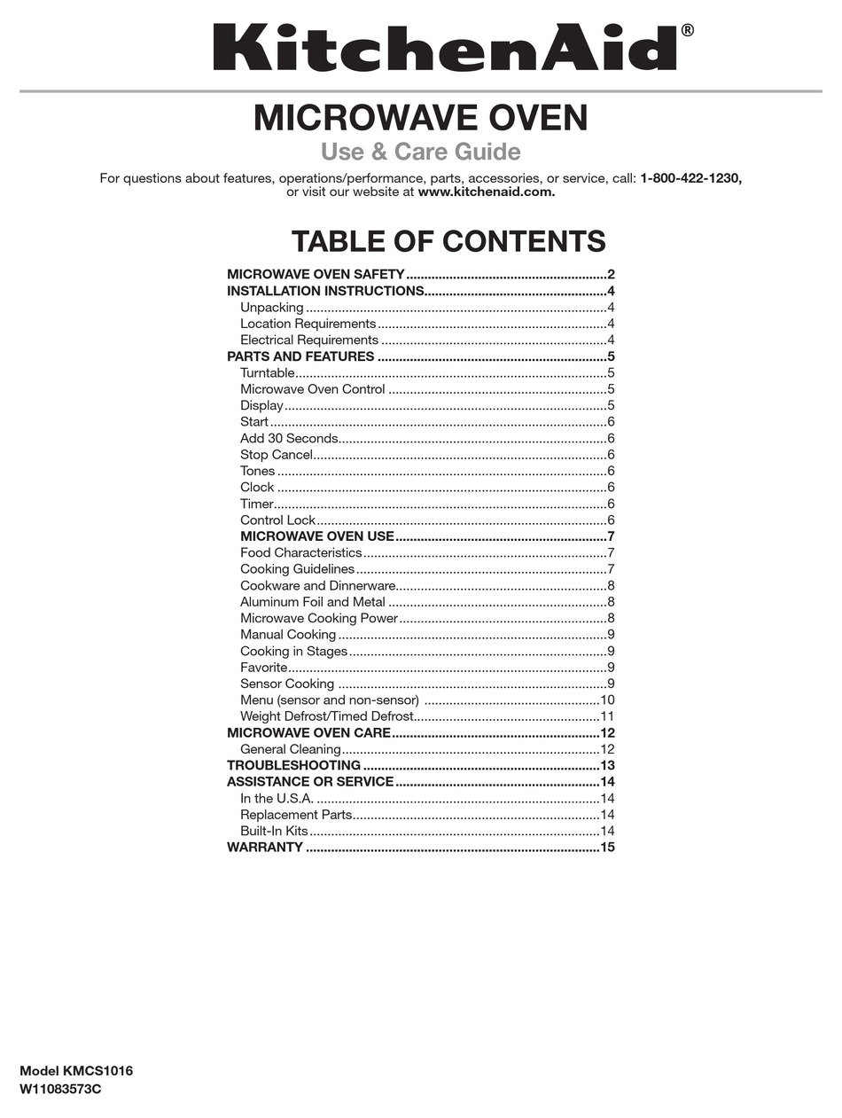 KITCHENAID KMCS1016 USE & CARE MANUAL Pdf Download ManualsLib