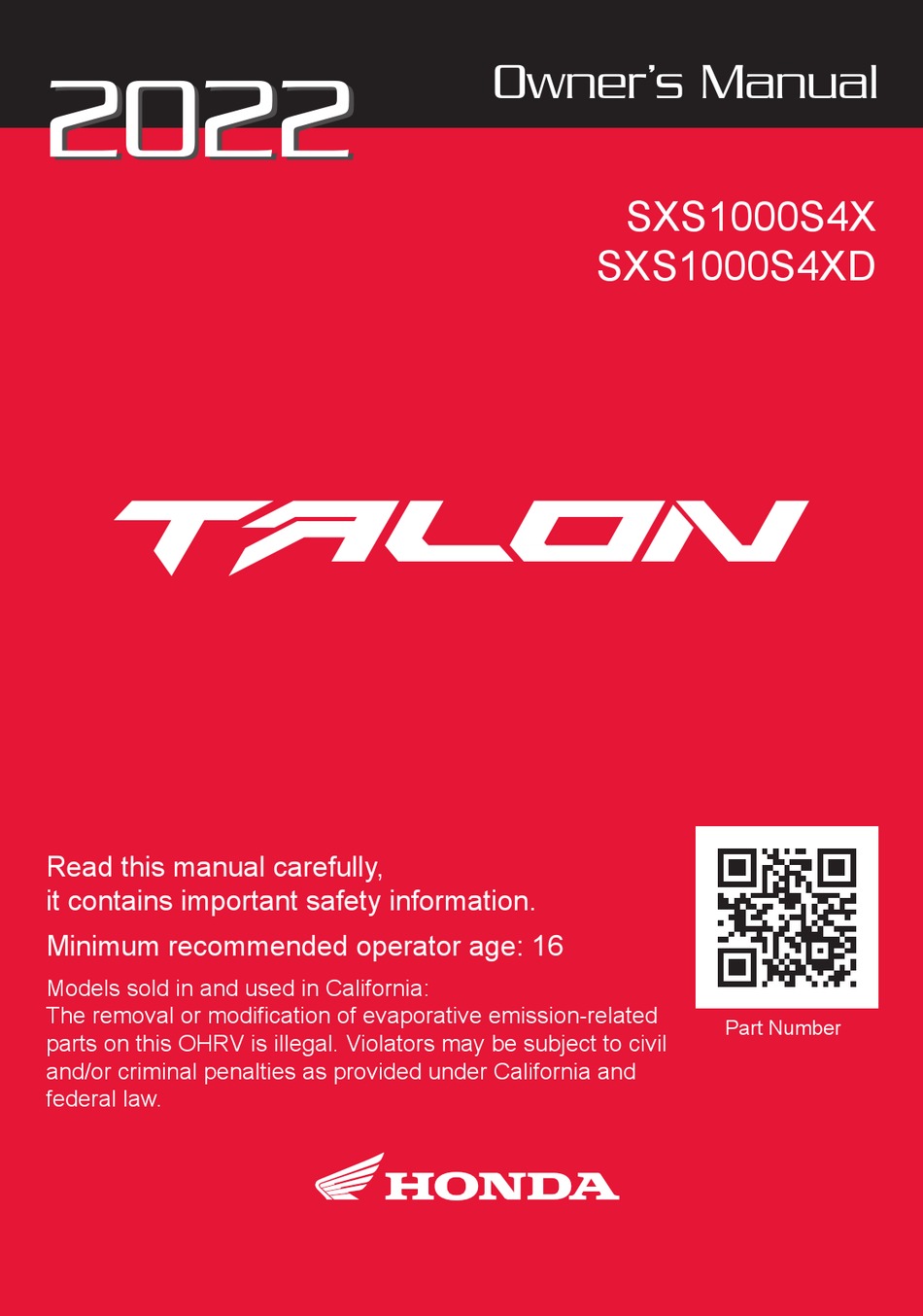 HONDA TALON SXS1000S4X 2022 OWNER'S MANUAL Pdf Download ManualsLib