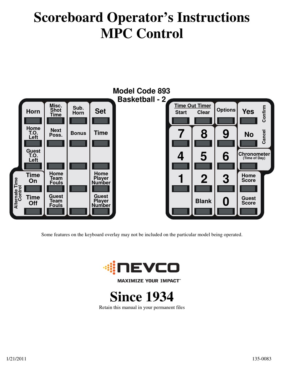 NEVCO 893 BASKETBALL 2 OPERATOR INSTRUCTIONS MANUAL Pdf Download