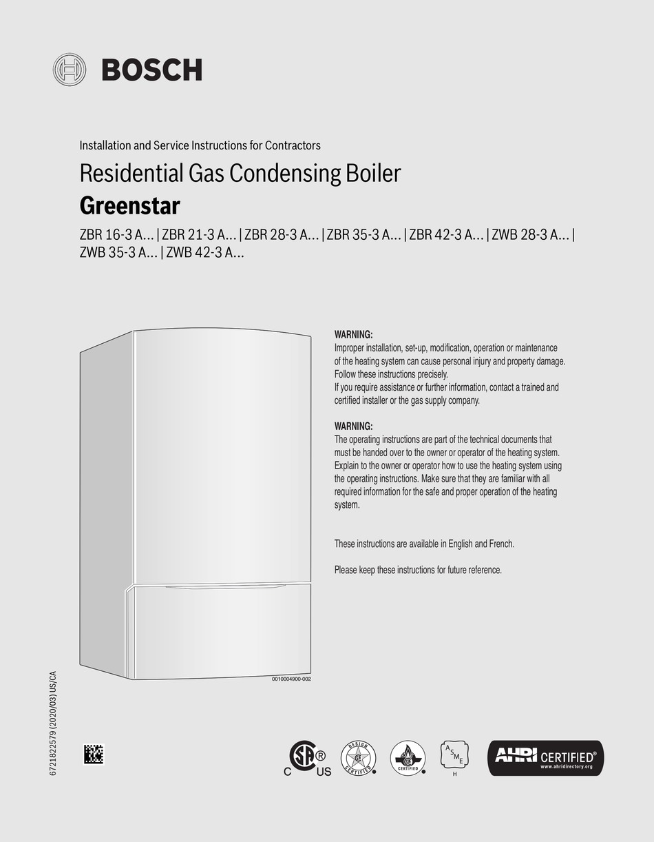 BOSCH GREENSTAR ZBR 163 A SERIES INSTALLATION AND SERVICE INSTRUCTIONS