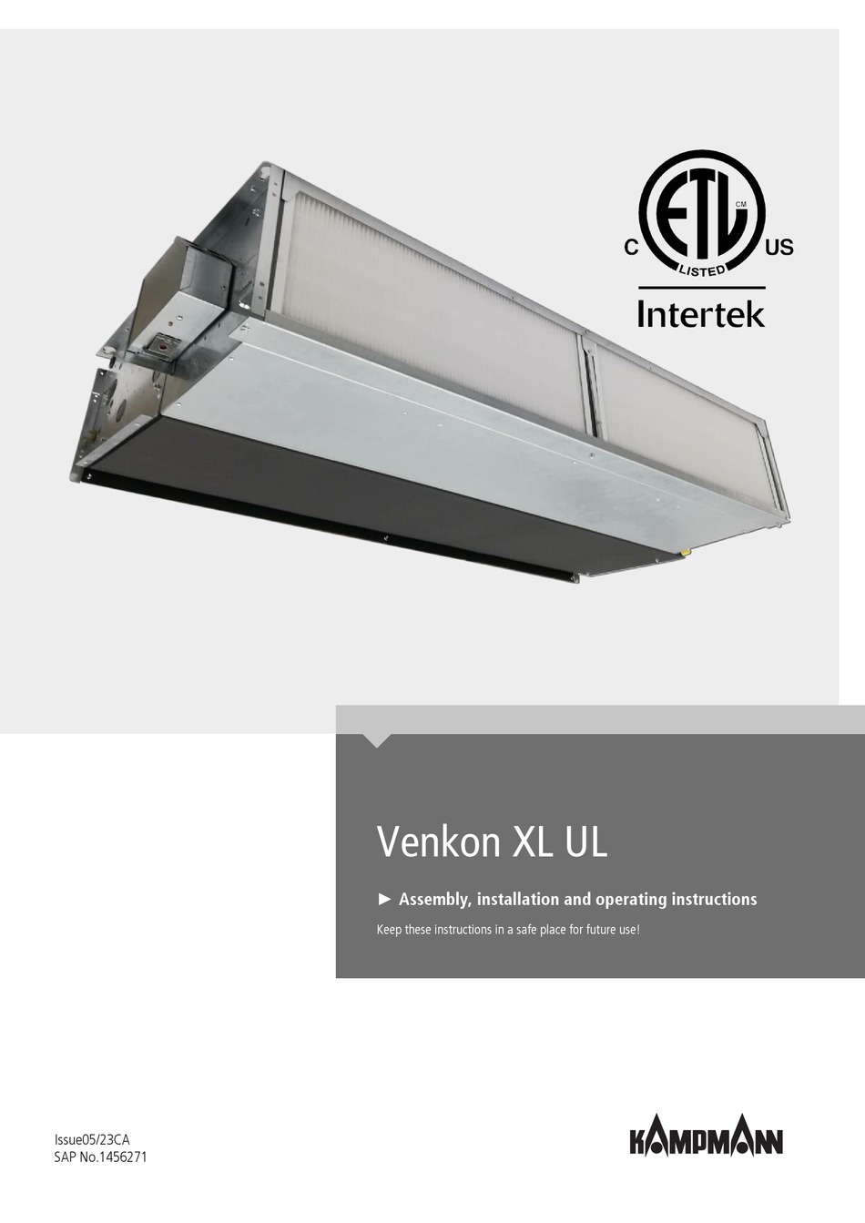 KAMPMANN VENKON XL UL ASSEMBLY, INSTALLATION AND OPERATING INSTRUCTIONS