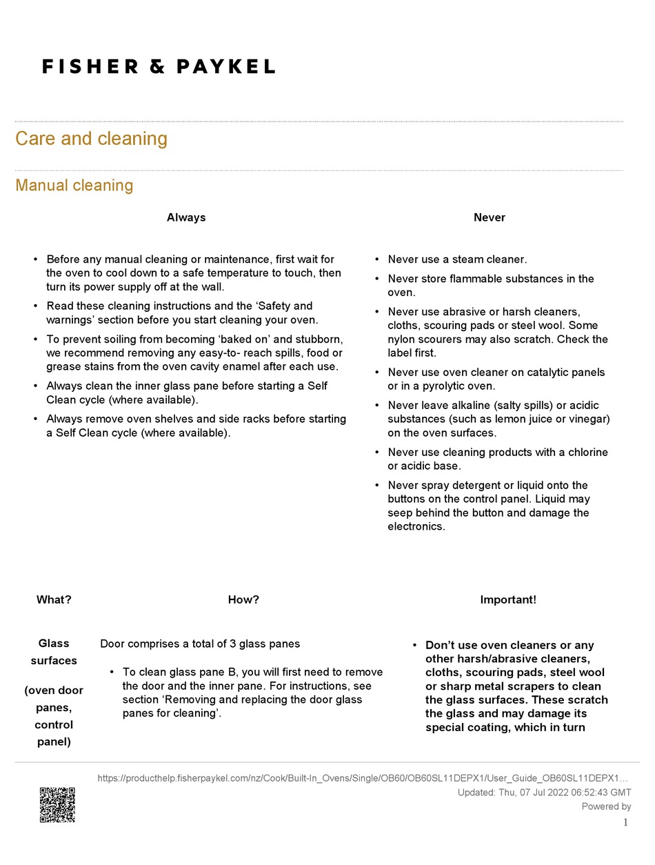 FISHER & PAYKEL OB60 CARE AND CLEANING Pdf Download | ManualsLib