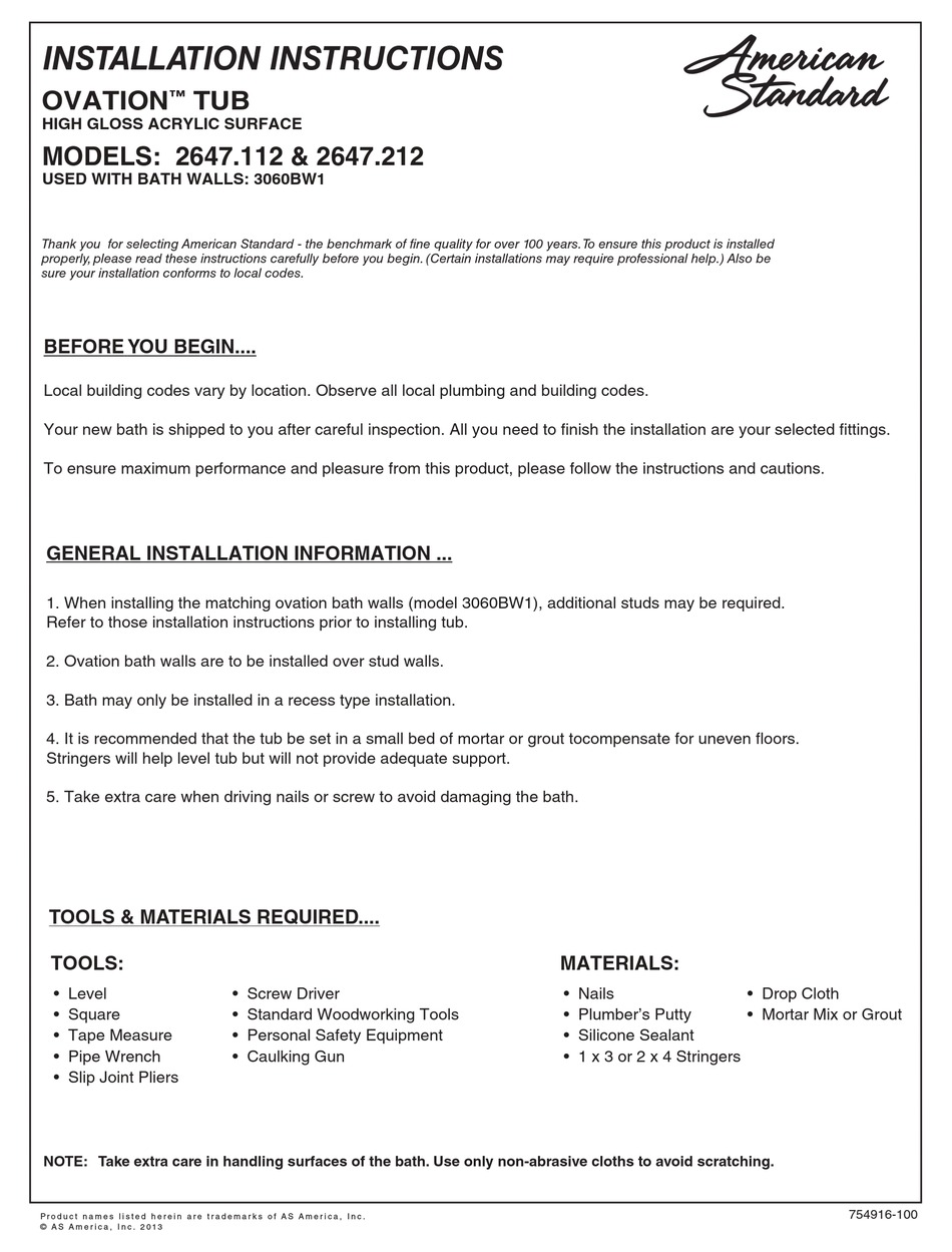 AMERICAN STANDARD OVATION 2647.112 INSTALLATION INSTRUCTIONS Pdf