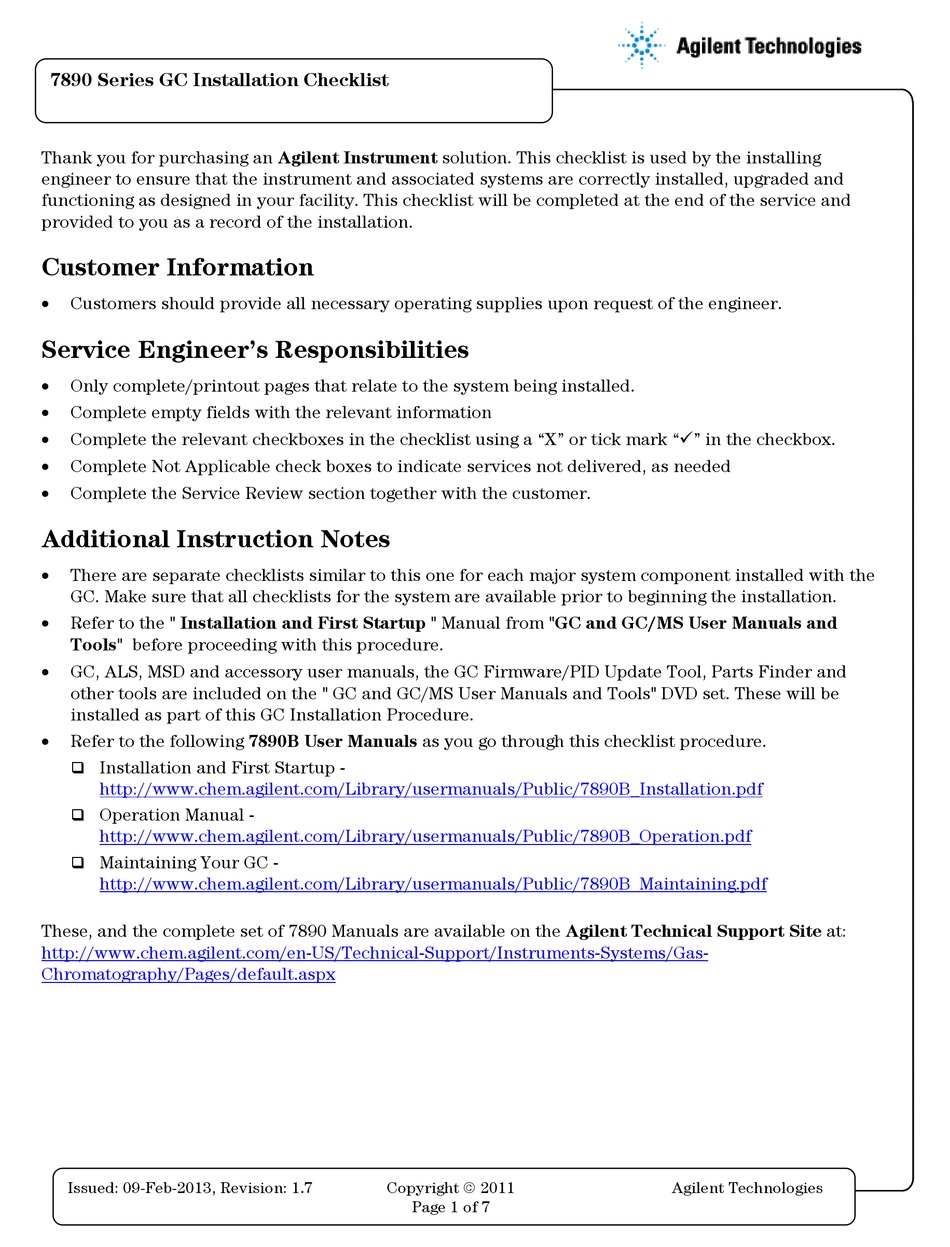 AGILENT TECHNOLOGIES 7890 SERIES INSTALLATION CHECKLIST Pdf Download