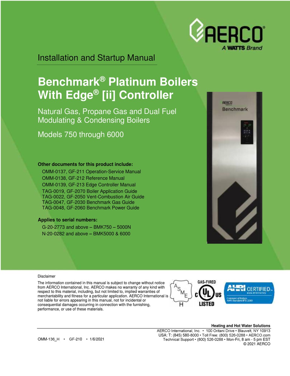 WATTS AERCO BENCHMARK OMM0137 INSTALLATION AND STARTUP MANUAL Pdf