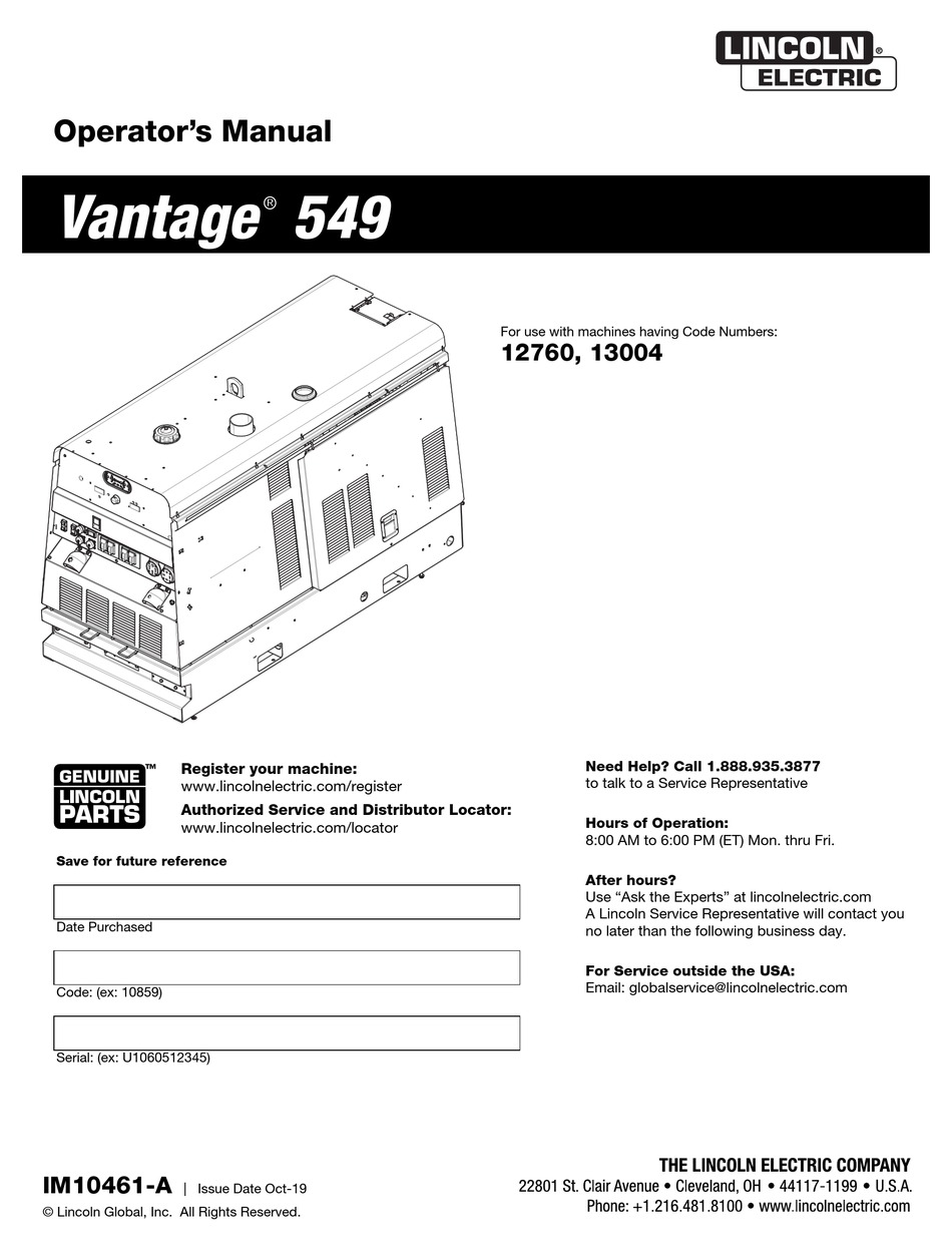 LINCOLN ELECTRIC VANTAGE 549 OPERATOR