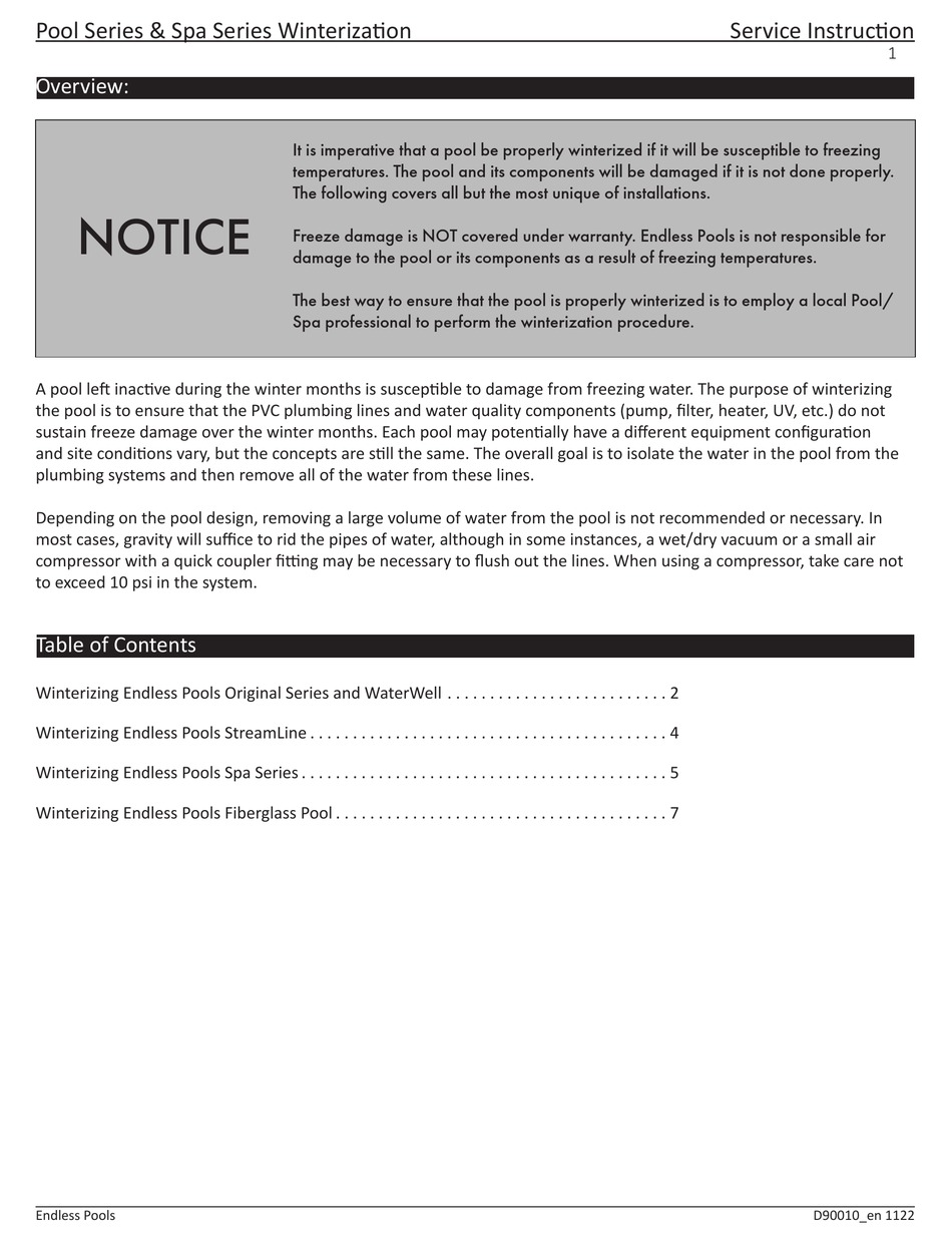 ENDLESS POOLS WINTERIZING POOL SERIES SERVICE INSTRUCTION Pdf Download