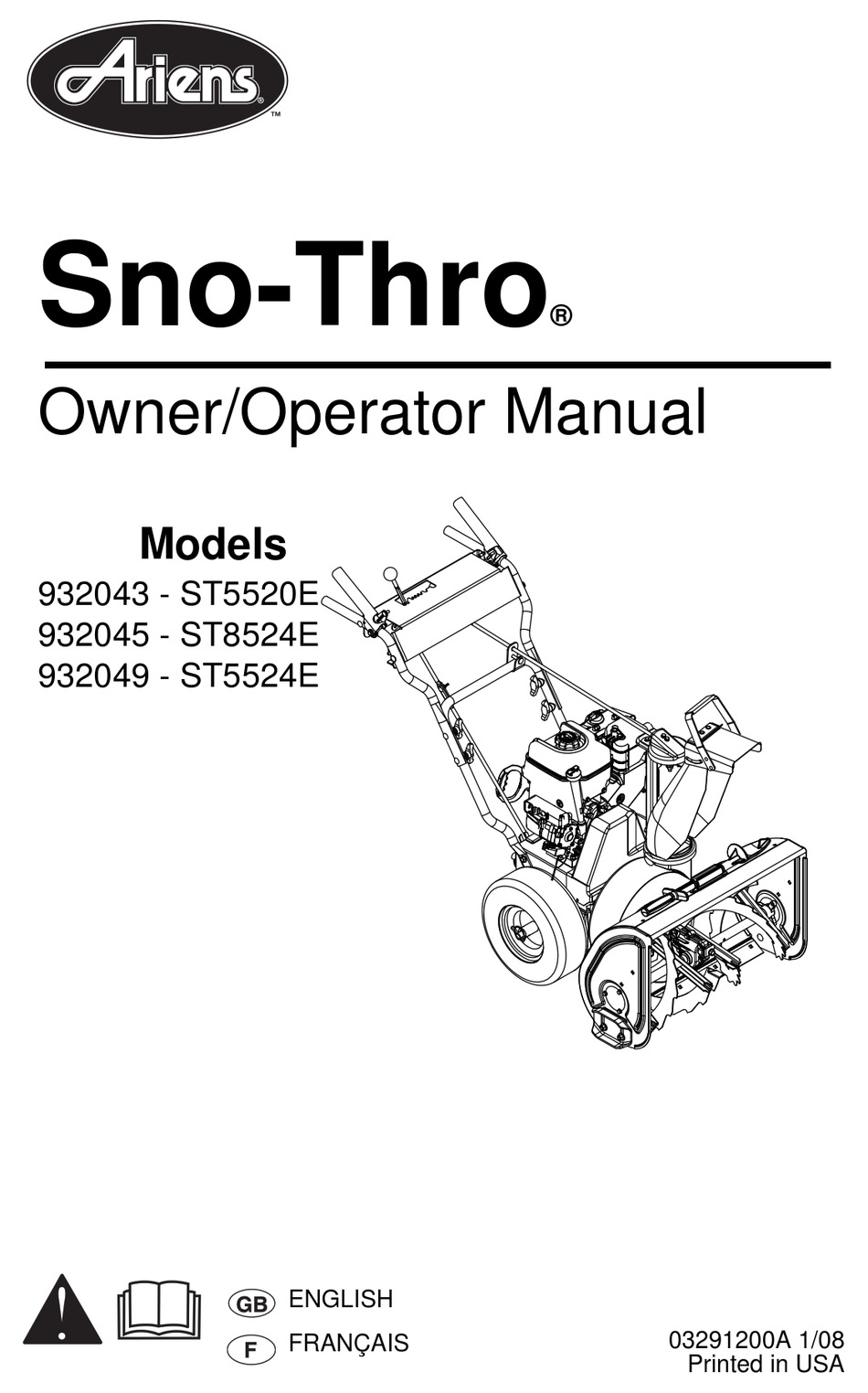 ARIENS SNOTHRO ST5520E OWNER