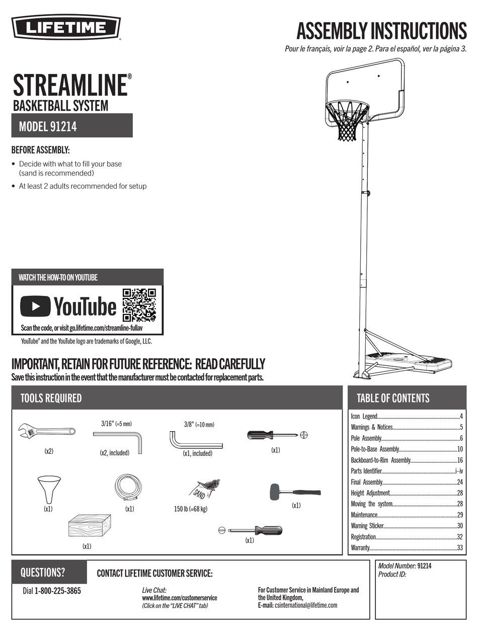 LIFETIME STREAMLINE 91214 ASSEMBLY INSTRUCTIONS MANUAL Pdf Download
