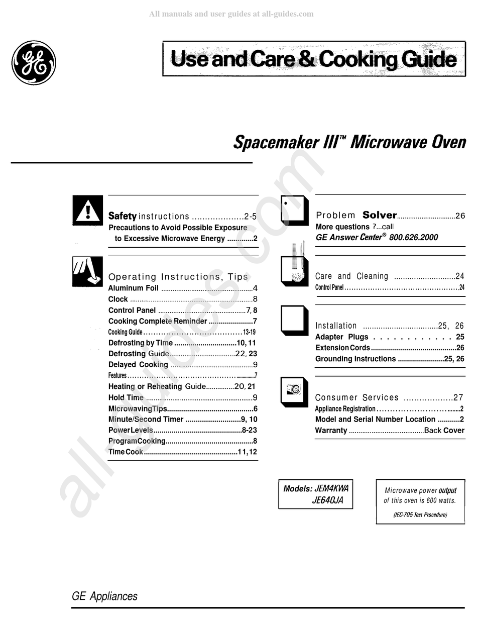 GE SPACEMAKER III JEM4KWA USE AND CARE & COOKING MANUAL Pdf Download