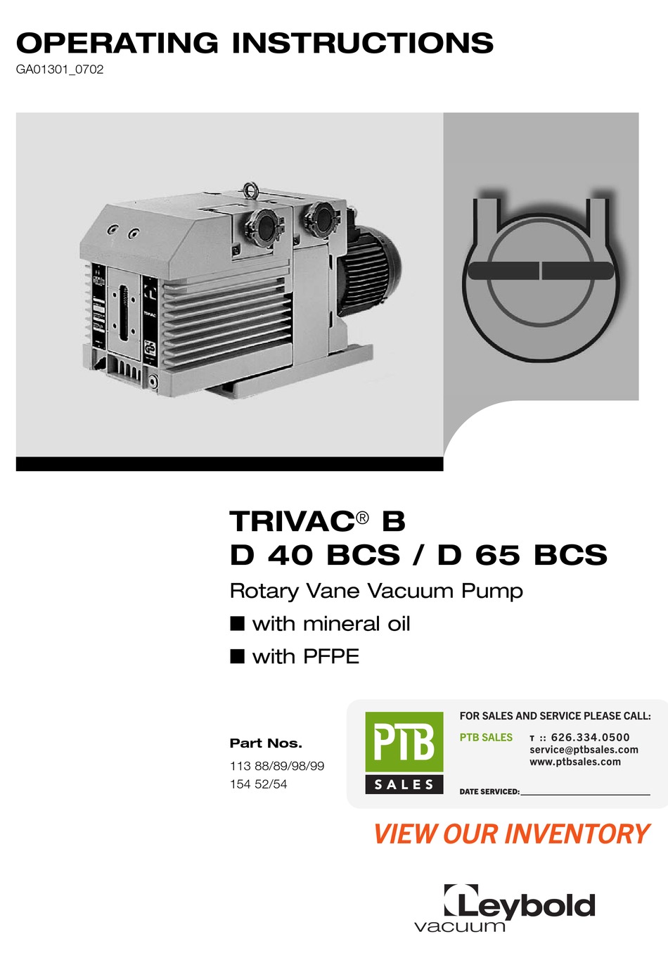 LEYBOLD VACUUM TRIVAC B D 40 BCS OPERATING INSTRUCTIONS MANUAL Pdf Download ManualsLib