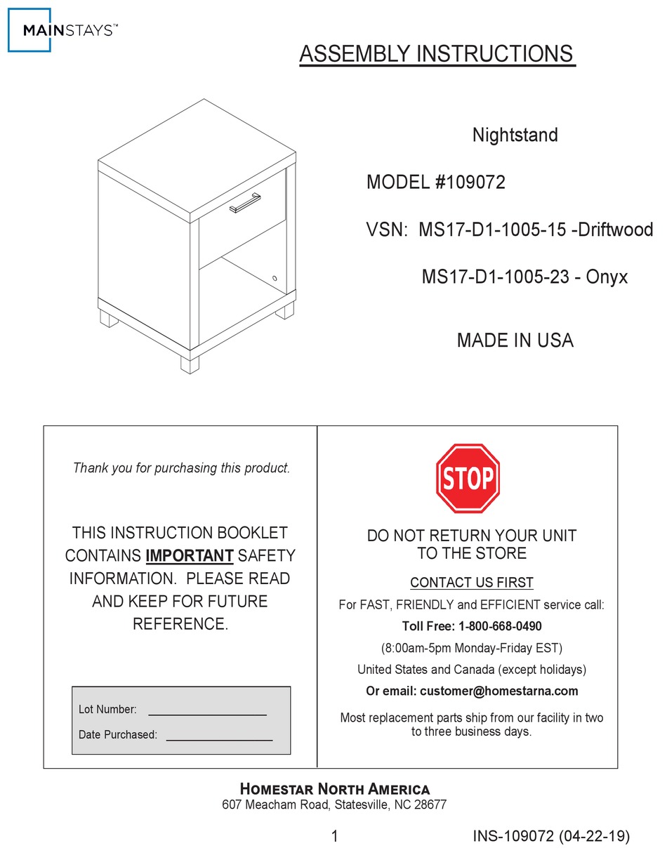 HOMESTAR MAINSTAYS 109072 ASSEMBLY INSTRUCTIONS MANUAL Pdf Download ...